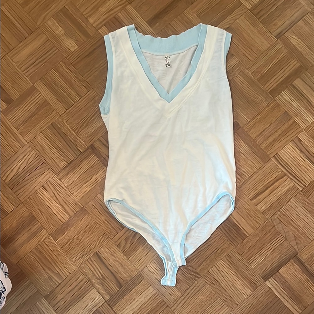 Free People Sleeveless Bodysuit - White and Light Blue